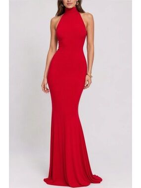 NORMA KAMALI Halter Turtle Fishtail Gown, Tiger Red, Large